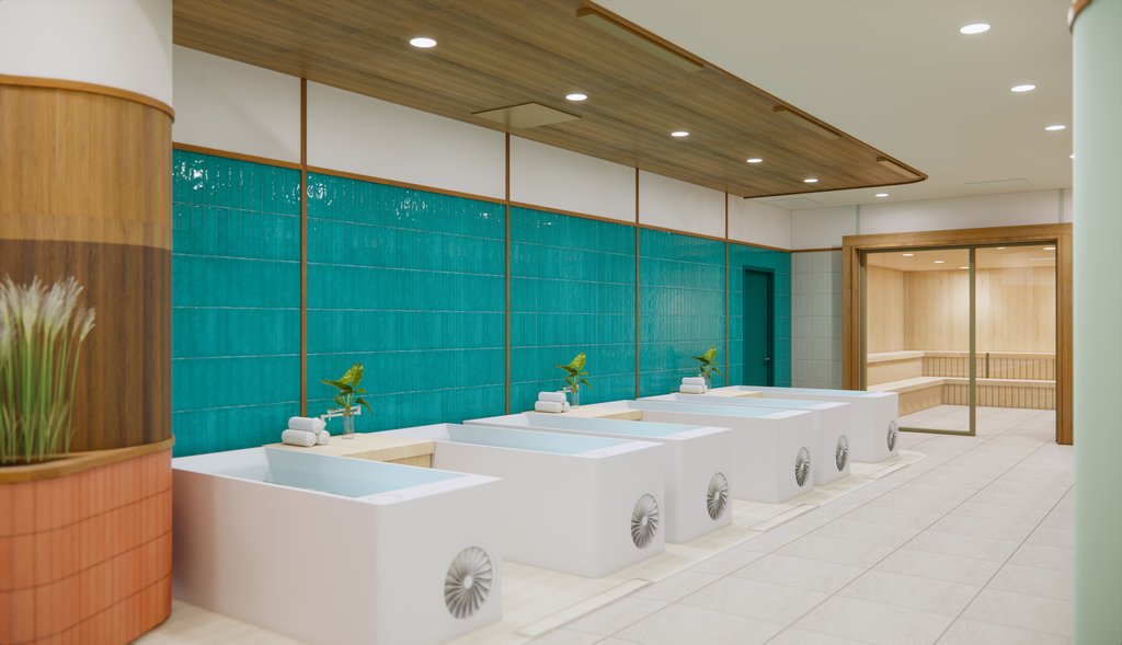 A beautiful turquoise tiled wall behind multiple white, cold plunge tubs in the Love.Life El Segundo location. 
